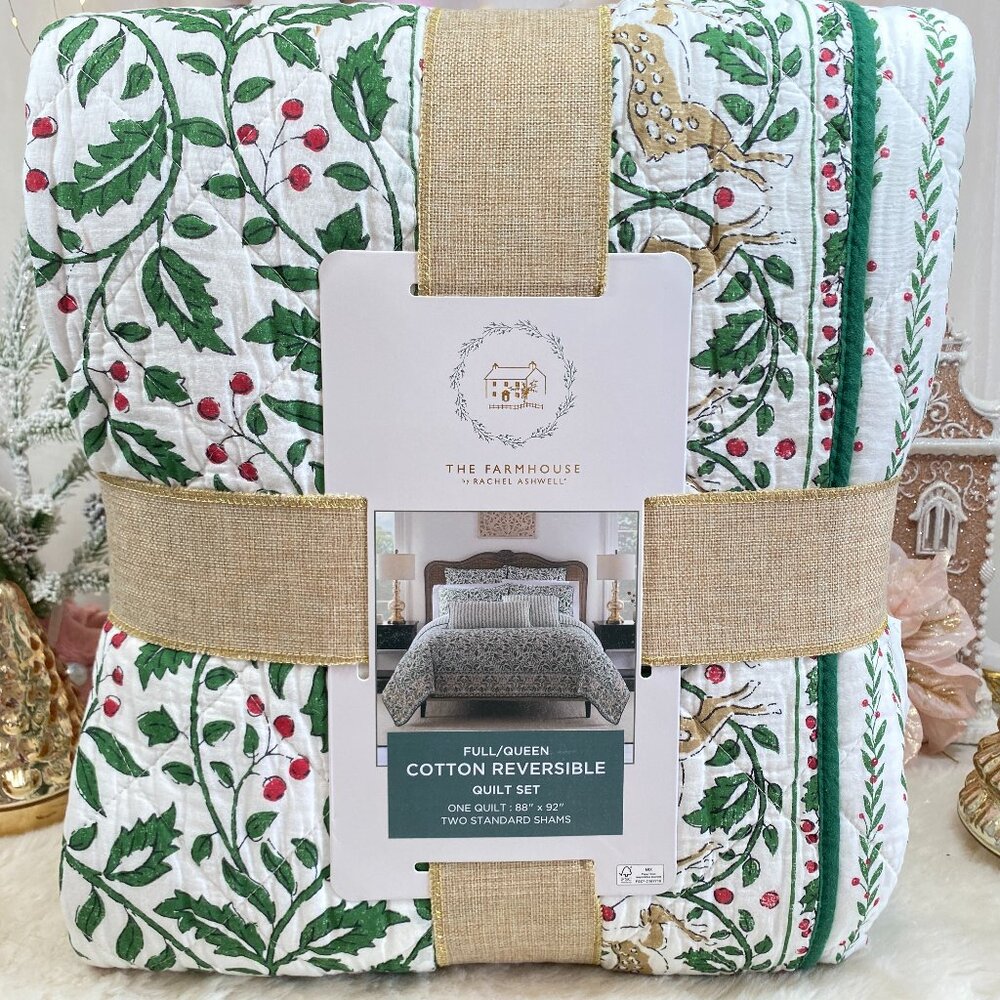 THE FARMHOUSE RACHEL ASHWELL Holiday Holly Berry Reindeer F/Queen Quilt 3PC Set